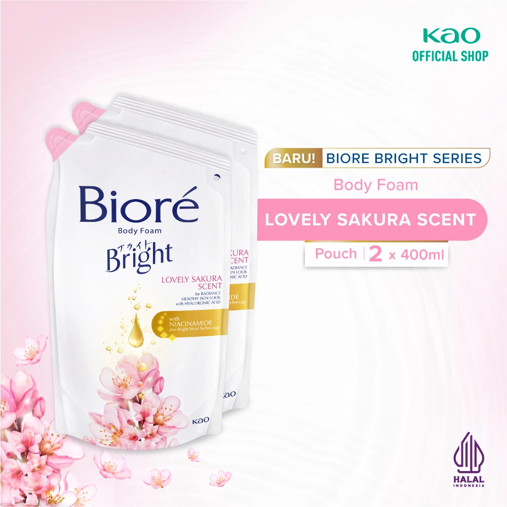 Biore Bright Sabun Mandi Cair Pencerah Kulit Lovely Sakura Hyaluronic Acid Refill 400 ml Twin Pack - Sabun Cair Body Wash