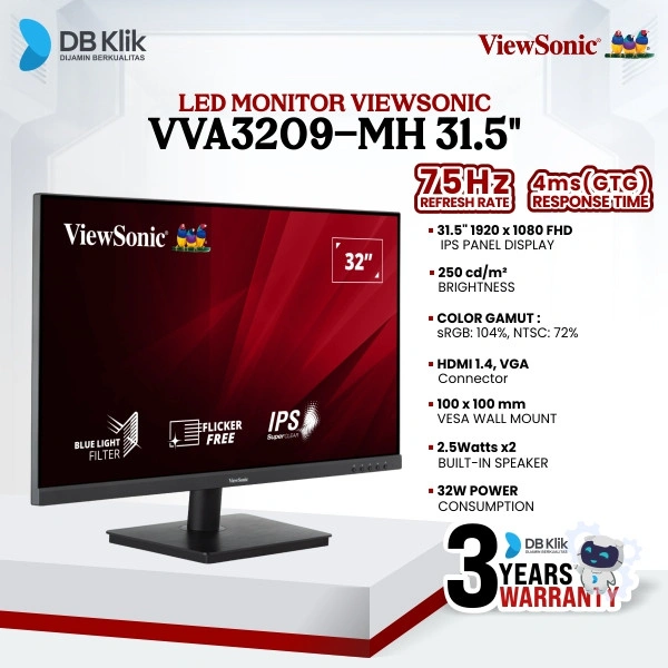 VIEWSONIC LED Monitor VA3209-MH 32" IPS FHD 75Hz 4ms Adaptive Sync HDR10 Build in Speaker HDMI VGA