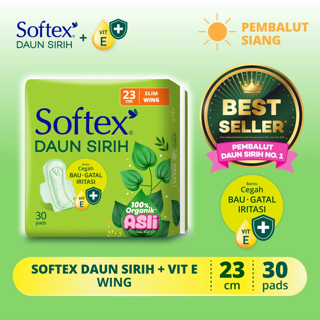 Softex Daun Sirih + Vitamin E Jumbo Pack 23cm isi 30 Pads - Pembalut Daun Sirih Siang