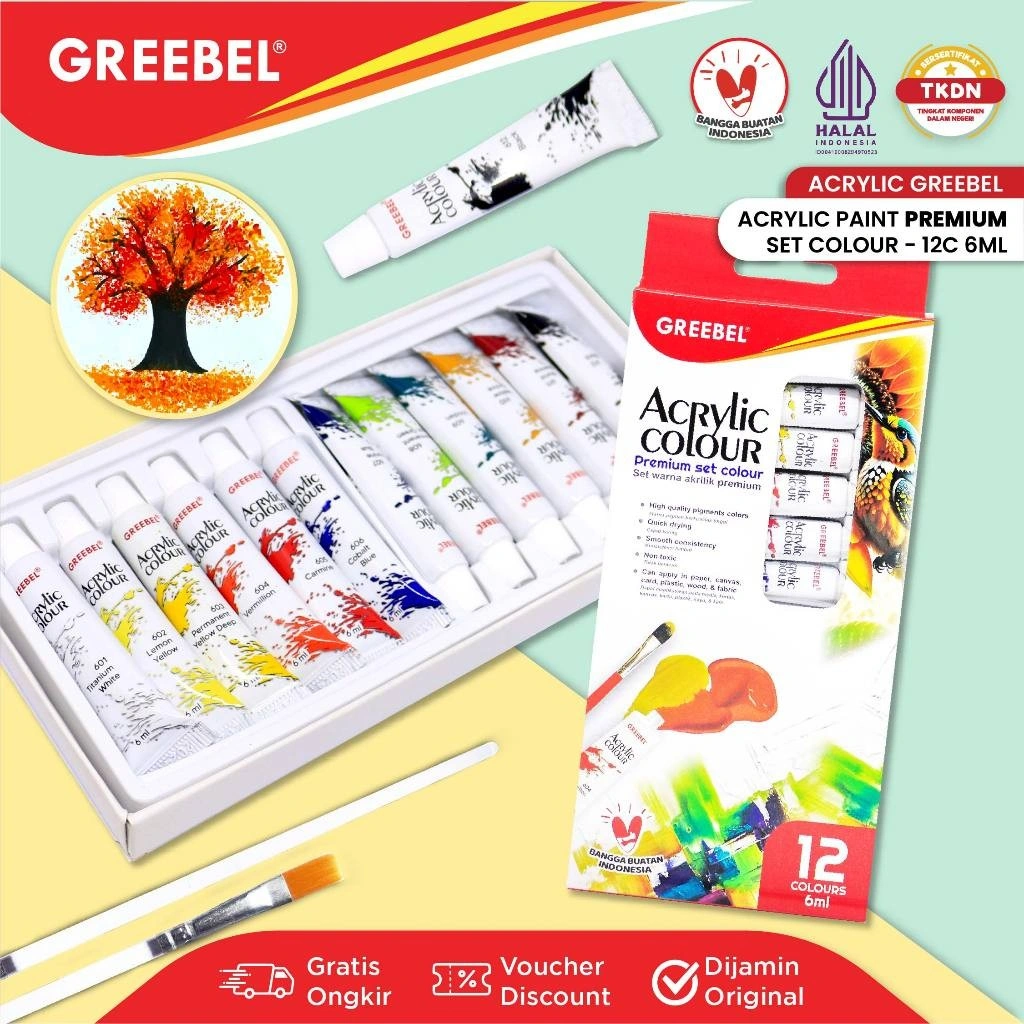 GREEBEL Cat Lukis Akrilik 1 Set 12 Warna 6ml / Acrylic Pain 6ml ( 12WARNA - 6ml ) Cat Melukis