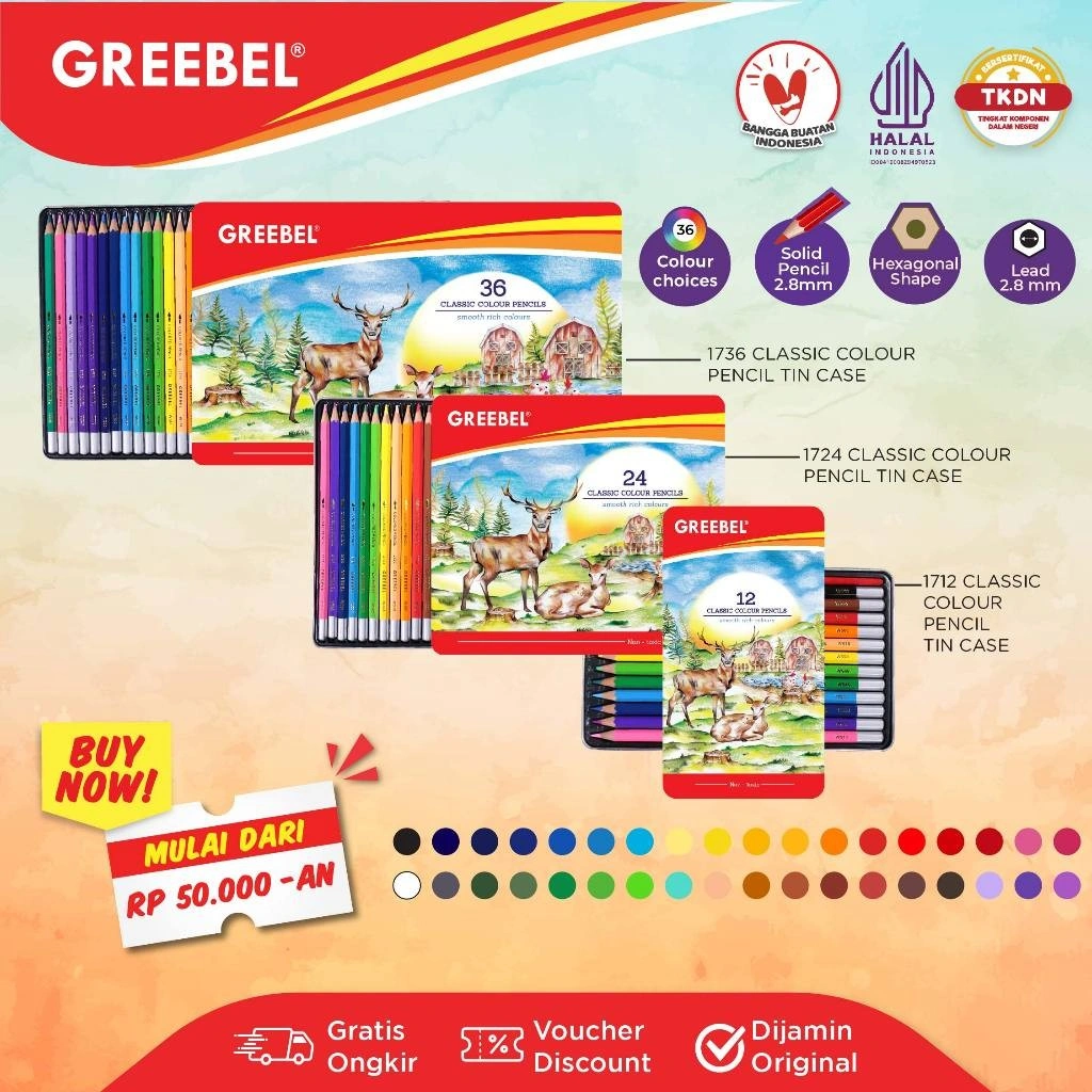 GREEBEL Pensil Warna Classic Color Tin Case / Warna Lebih Nyata