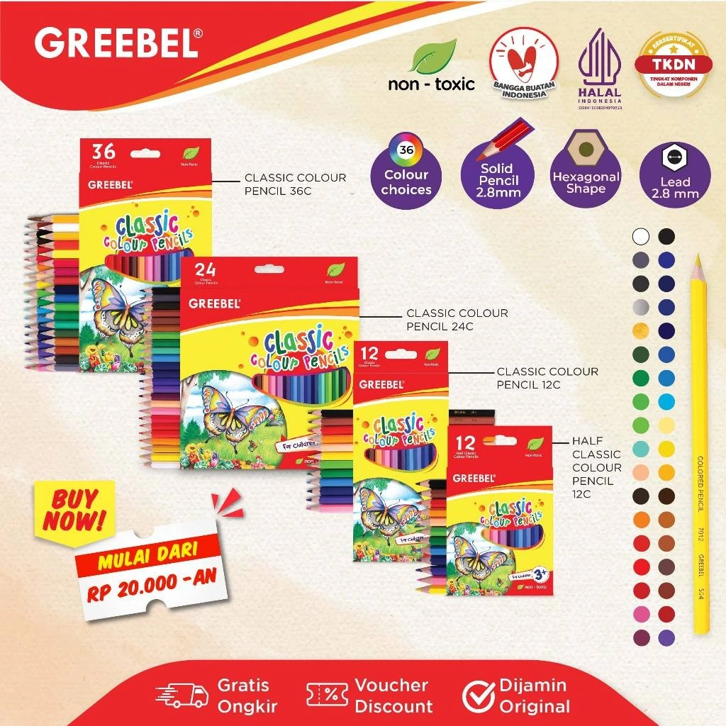 GREEBEL Pensil Warna 12 24 36 Warna Classic Color Pencils / Colored Pencil / Warna Lebih Nyata