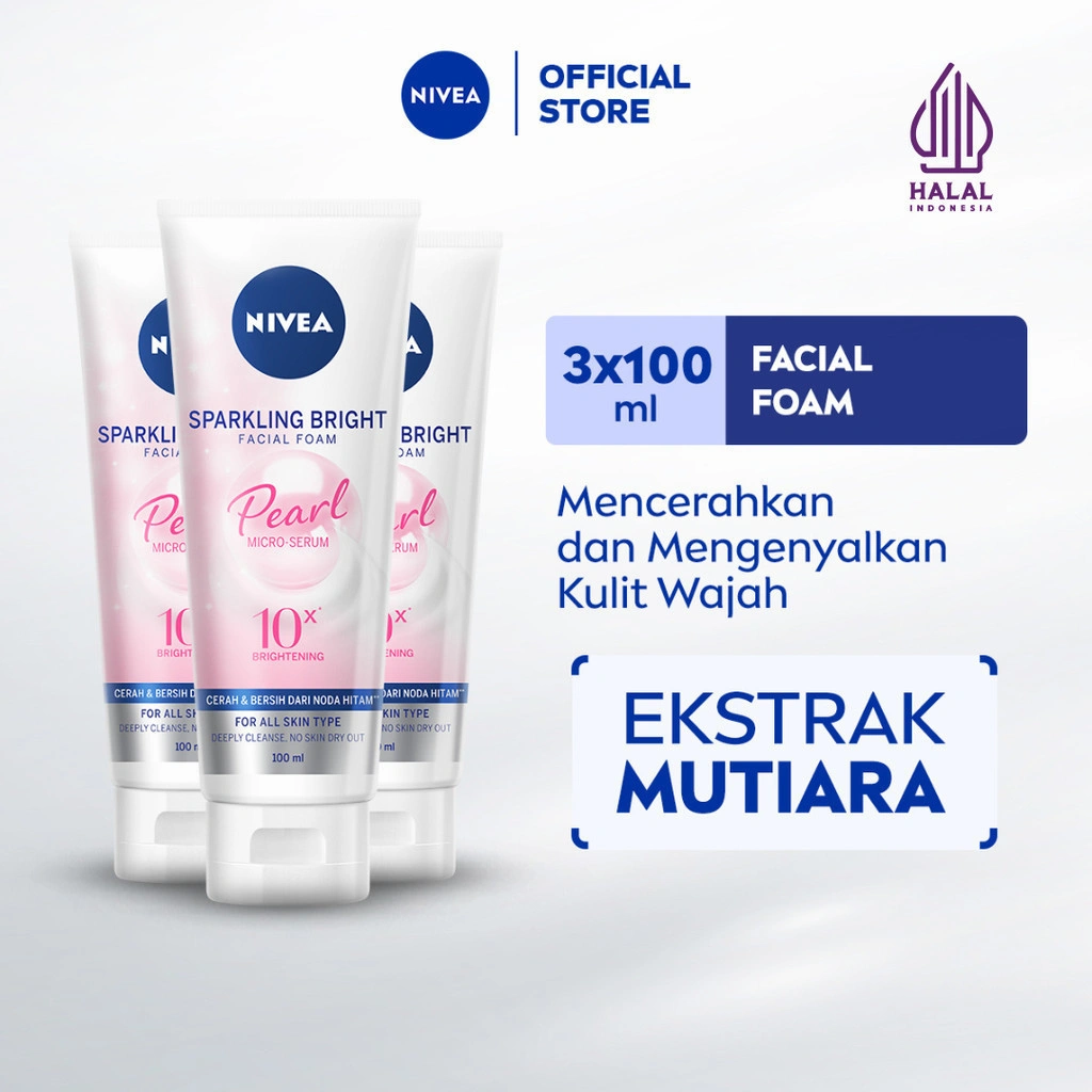 (PAKET HEMAT ISI 3) NIVEA Facial Foam Sparkling Bright 100ml - Sabun cuci muka wanita mencerahkan brightening glowing kulit kenyal bintik hitam brightening kulit kusam cleanser facial wash wajah cerah - Pearl Micro Serum, Rucinol, Licorice, Vitamin C