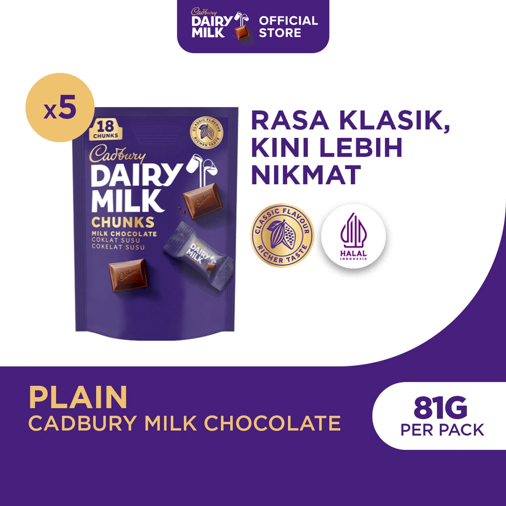 Cadbury Dairy Milk Chunks Sharebag 81g (Paket isi 5), Cokelat Susu
