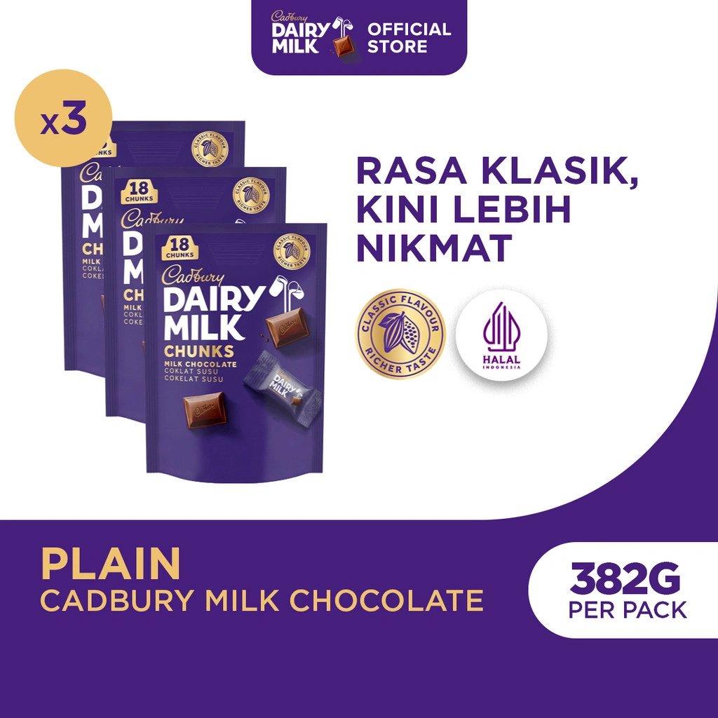 Cadbury Dairy Milk Chunks Sharebag 81g (Paket isi 3), Cokelat Susu