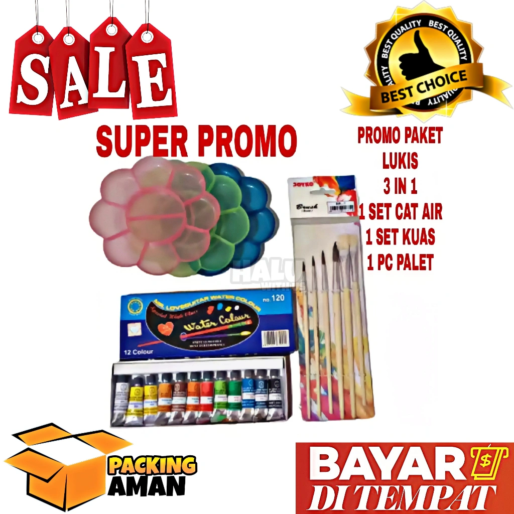 (BISA COD) PROMO 1 Set Paket Melukis 3 In 1 Kuas Lukis Cat Air Palet / Peralatan Kuas Seni Lukis