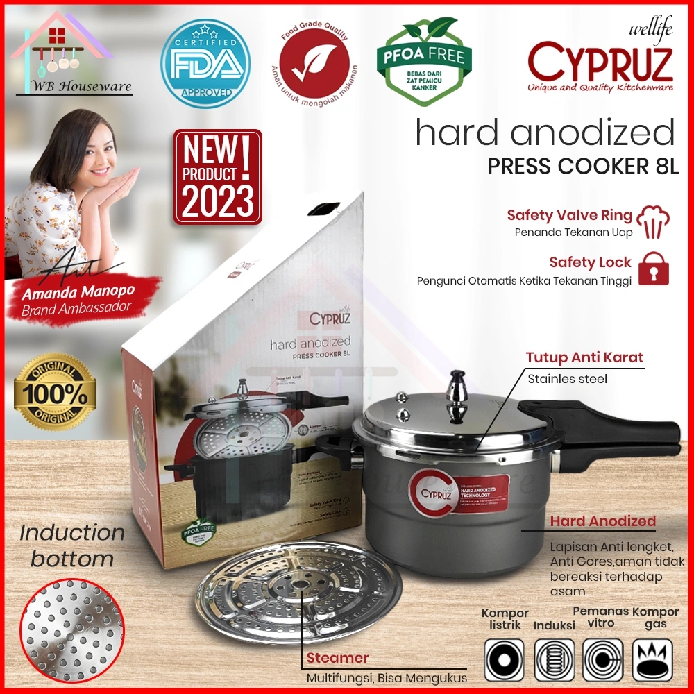 CYPRUZ Panci presto anti lengket 8liter / pengempuk daging cepat anti meledak / hard anolized pressure cooker stainless PC-0408