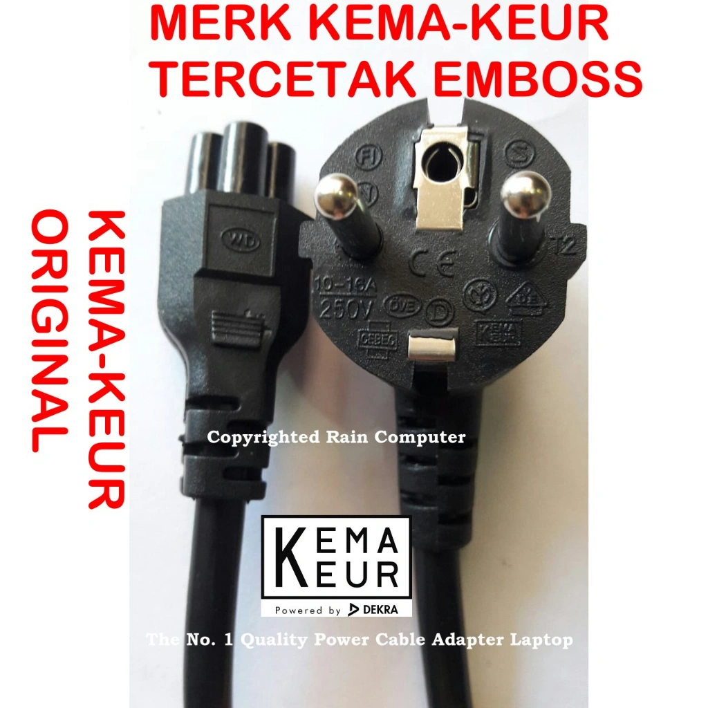 Kabel Power Adaptor Laptop 3 Lubang TEBAL Merk KEMA-KEUR terpatri di Kabel