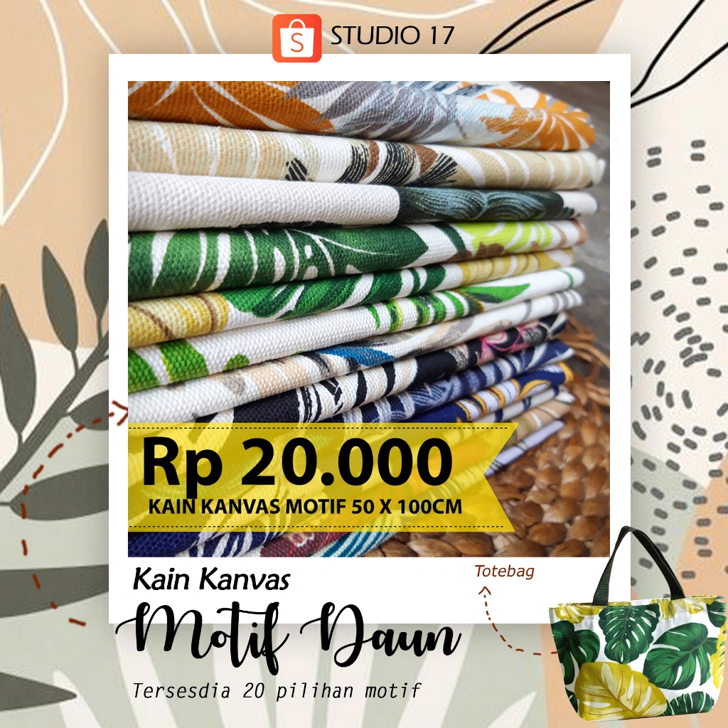 Kain Kanvas Katun Motif Size 100cm x 50cm Tebal 12oz Bermotif Daun