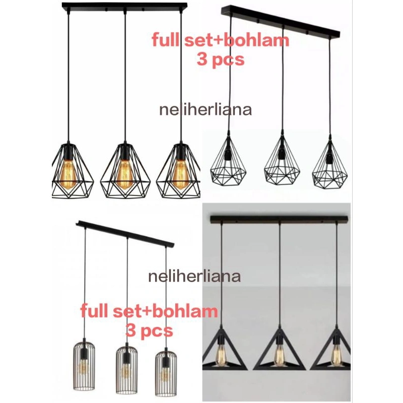 Lampu hias gantung 3 cabang full set+bohlam 3 pcs