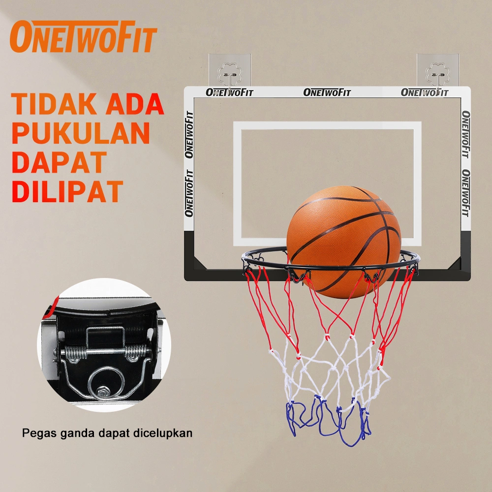 OneTwoFit Keranjang Basket Lipat Portable Mini Stand Basket Ball Outdoor Pompa Bola 45x30cm Tidak Meninju Dinding Dilengkapi Stiker Gantung & Pengait Kusen Pintu