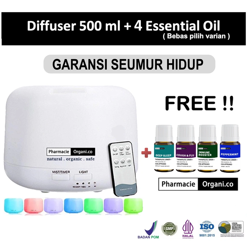 DIFFUSER HUMIDIFIER AROMATHERAPY 500ML FREE 4 ESSENTIAL OIL 10ML BY PHARMACIE ORGANICO GARANSI SEUMUR HIDUP