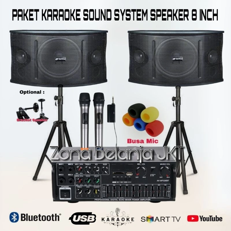 PAKET KARAOKE SOUND SYSTEM SPEAKER  8 INCH AMPLI USB BLUETOOTH MIC KARAOKE RUMAH SIAP PAKAI ( SET 3 )