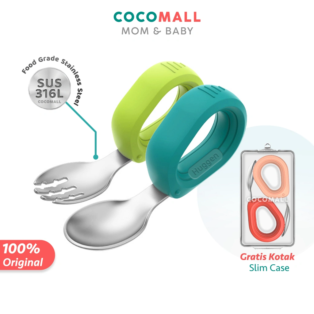 COCOMALL Sendok Anak Stainless Steel SUS316 - Training Spoon Baby Spoon BLW - Sendok Belajar Makan Bayi - Sendok Mpasi Bayi Silikon Melengkung - Sendok Garpu Anak