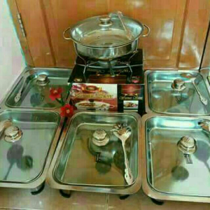 PROMO Tempat Makan Prasmanan set tutup full kaca atau batik bahan stainless isi 5 kotak + 1 bulat merk 555 / lodor prasmanan