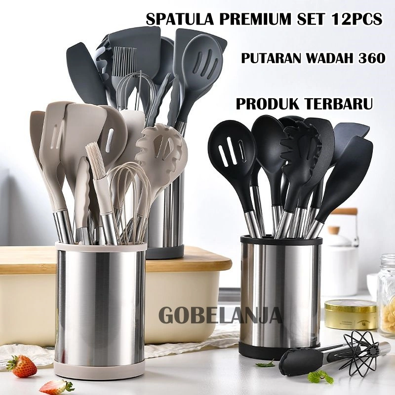 SPATULA PREMIUM Set 12Pcs PUTAR 360/ SUTIL Silikon Alat Masak UTENSIL PREMIUM KITCHEN FULL SET PR168