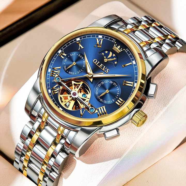 OLEVS Jam Tangan Automatic Pria Anti Air Original Tahan Keren Led Terbaru Luxury Chronograph Stainless Watch Men Biru Hitam Putih Kotak Indah Gratis Cod