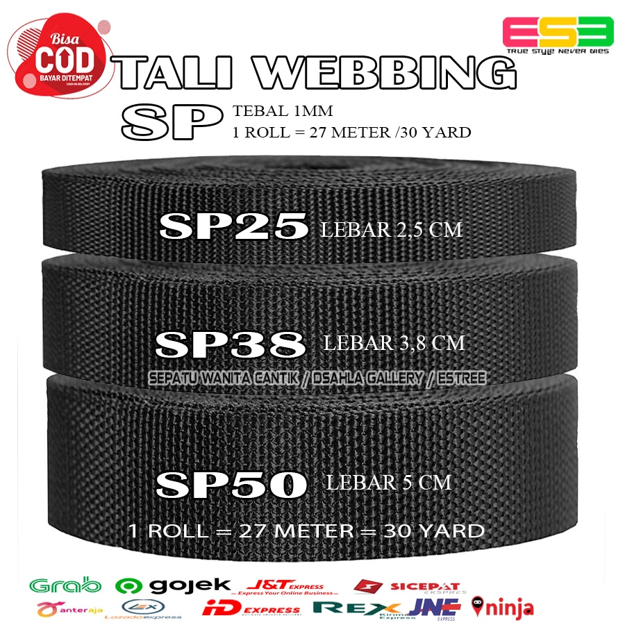 Tali Webbing Sling Strap Lebar 5 cm 3,8 cm 2,5 cm Tebal 1mm untuk Tali Tas Tenda carrier Ransel Panjat Tebing Hiking Bisban Hitam Per Roll Tipr SP panjang 30 Yard atau 27 Meter