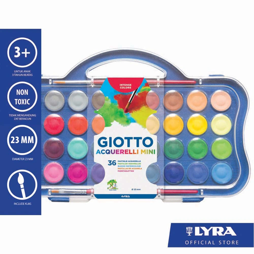Giotto Cat Air / Mini Watercolor Blocks 23mm 36 Warna Bonus Kuas - Cerah, Mudah Dibawa & Praktis