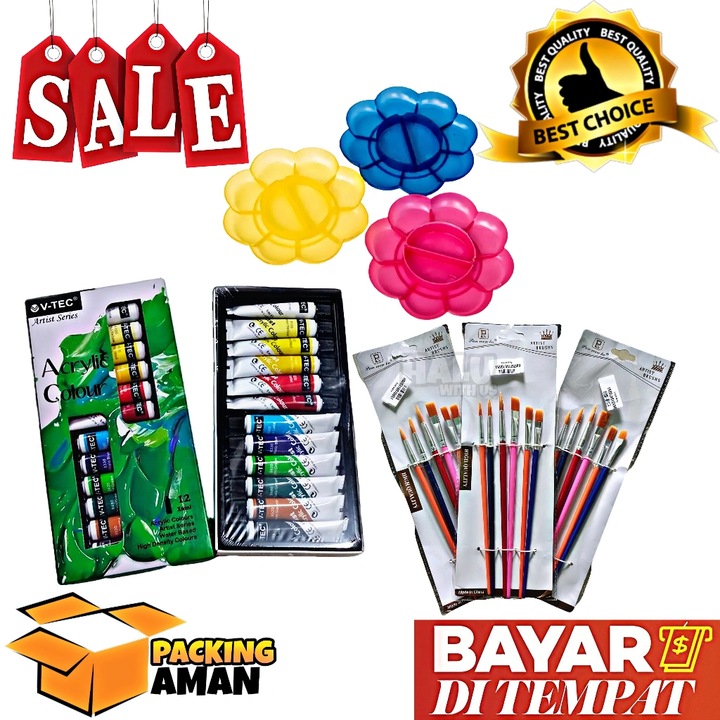 (BISA COD) PROMO 1 Set 3 In 1 Cat Akrilik Cat Acrylic Palet Kuas Set Melukis Lengkap / Kuas Cat Palet