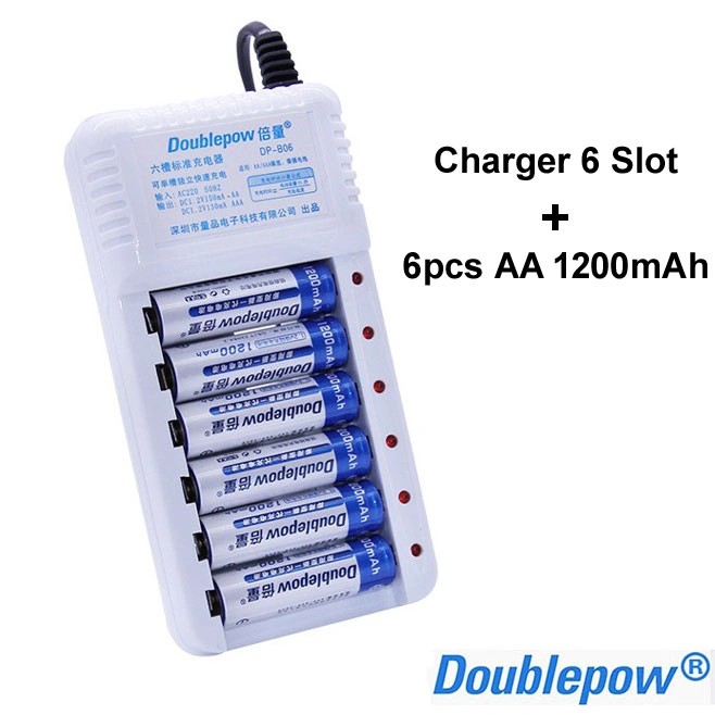 DOUBLEPOW Charger Baterai 6 slot for AA/AAA with 6 PCS AA Battery 1200mAh - DP-B06