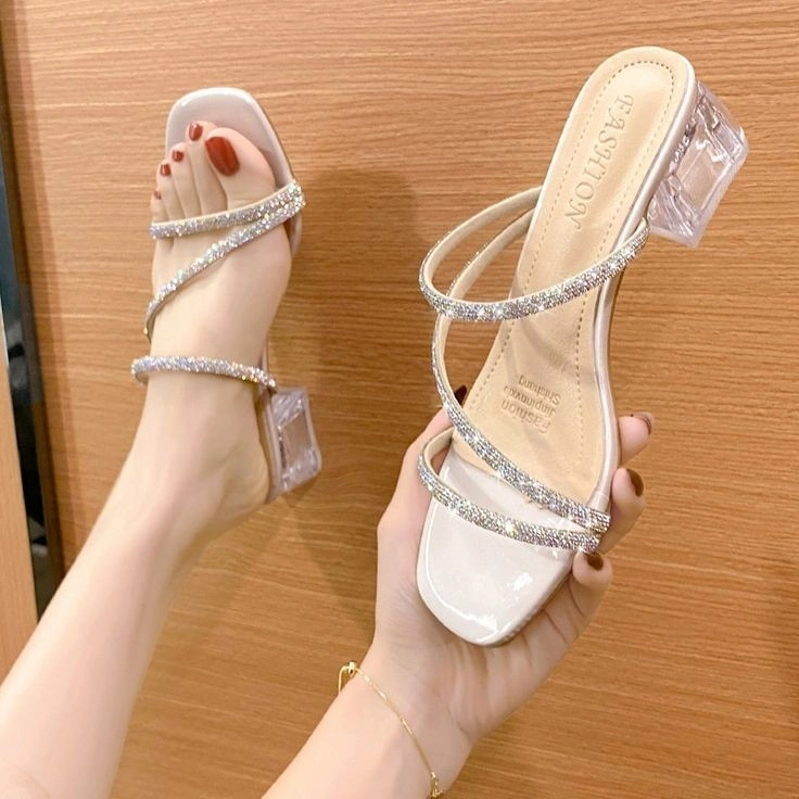 Galaxy Sandal Heels Wanita Hak Kaca Tali Silang Permata Glitter Import 5 Cm Size Hitam Putih Uk 37 38 39 40 Sepatu Pesta Wisuda