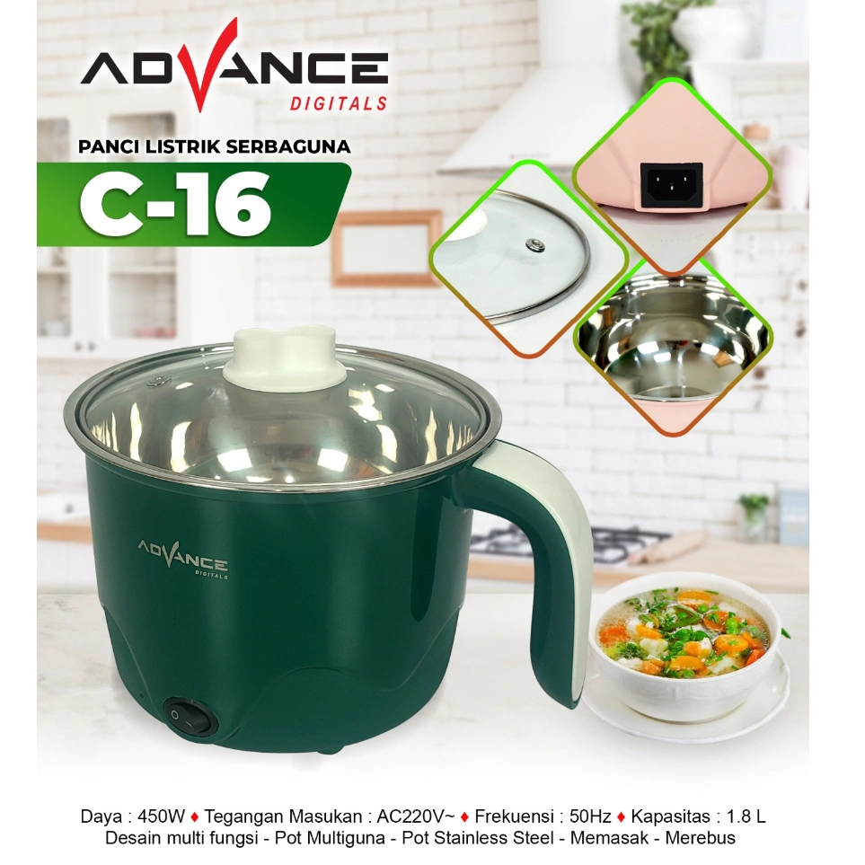 Advance  Panci Listrik Multifungsi C16 1.5L Panci Kukusan Steamer Jumbo Panci Eletrik