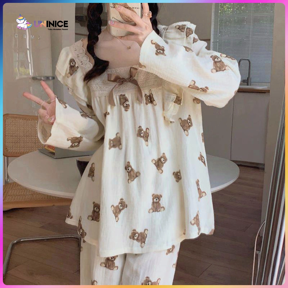 UNINICE Motif beruang lucu, set piyama wanita dua potong yang nyaman dengan renda