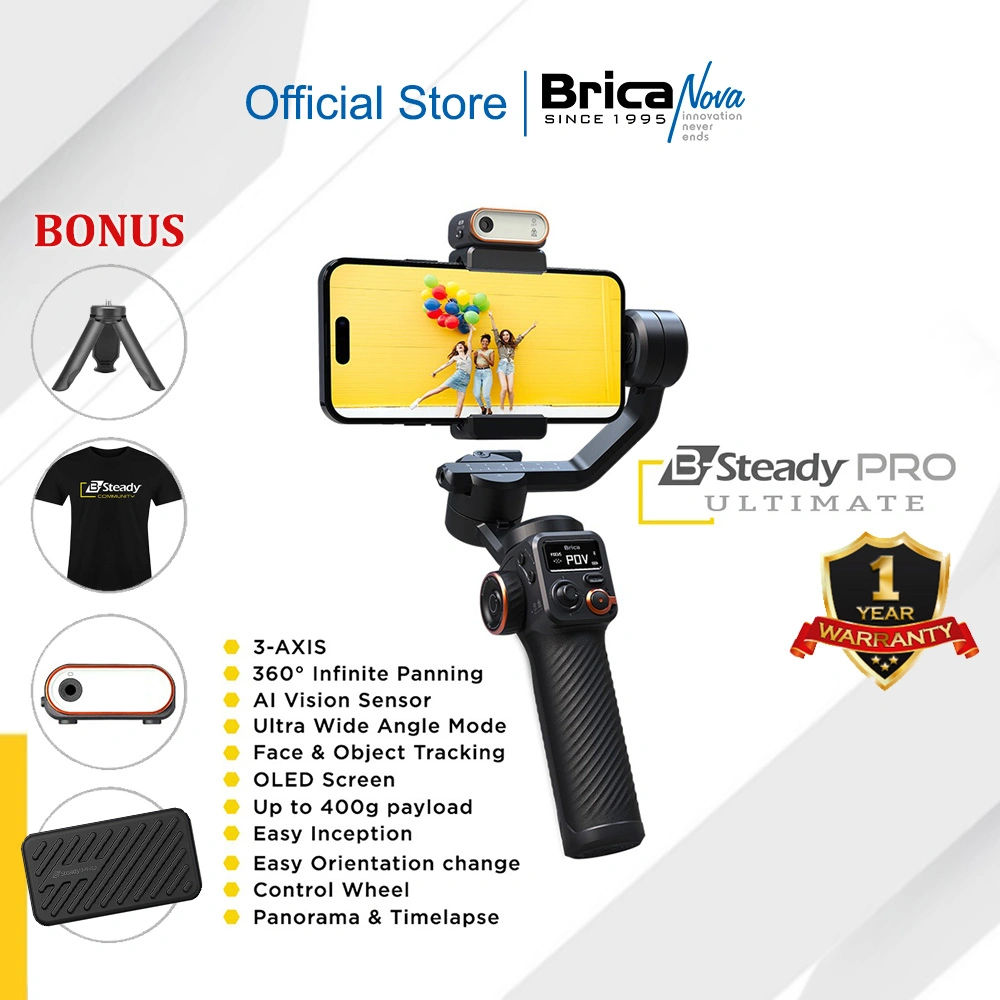 Brica B-Steady ULTIMATE - 3-Axis Smartphone Gimbal - Bonus AI Vision Sensor + LED Light + Tripod + Hard Case - Black - BSPU