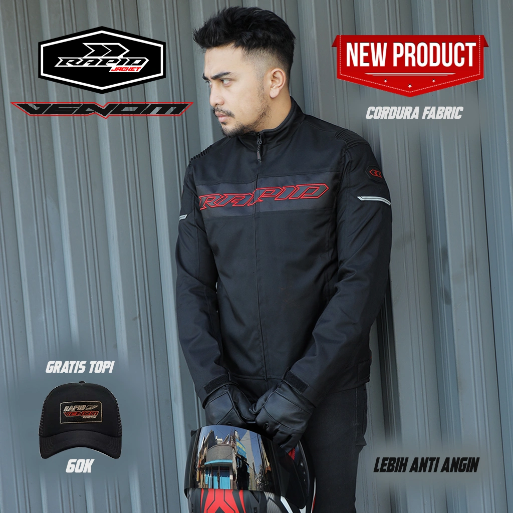 Jaket motor touring windproof & wateproof RAPID VENOM dengan material bahan cordura design full bordir dan reflektif