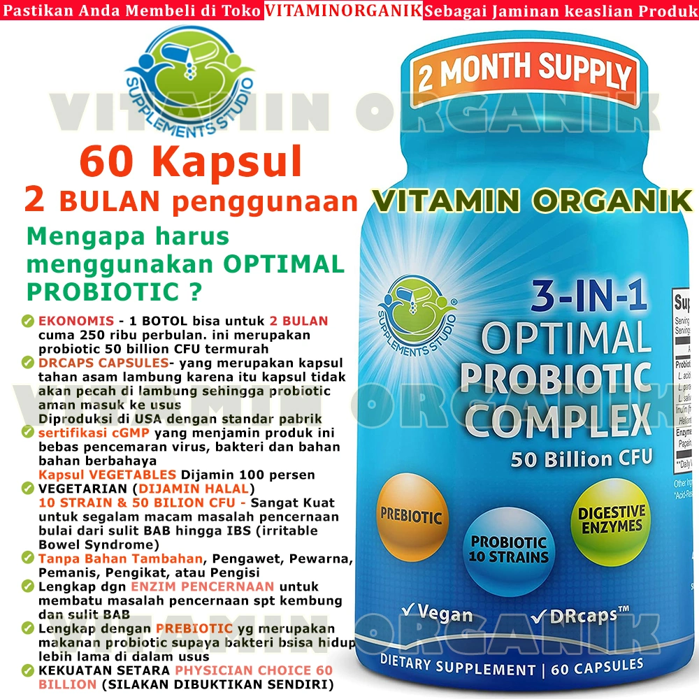 Probiotic /  Probiotik Optimal 10 strain 50 billion + Prebiotic + Enzim Supplement Studio ORI USA