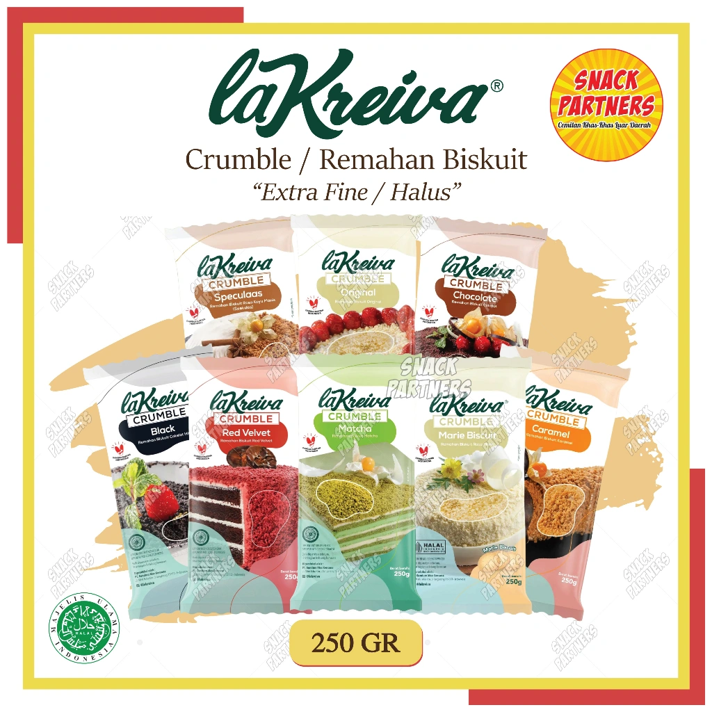 LA KREIVA Crumble 250 GR / Sachet - Topping Taburan Crumb Fine Kasar - Original Chocolate Choco Black Red Velvet Matcha Caramel Marie Regal Speculaas Biscoff Keju