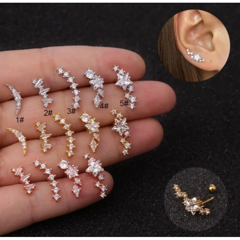 1PCS Anting Star Ear Piercing For Women Rose Curved Cs Cartilage Stud Helix Rook Conch Screw Back Earring Fashion Stainless Steel Body Jewelry
