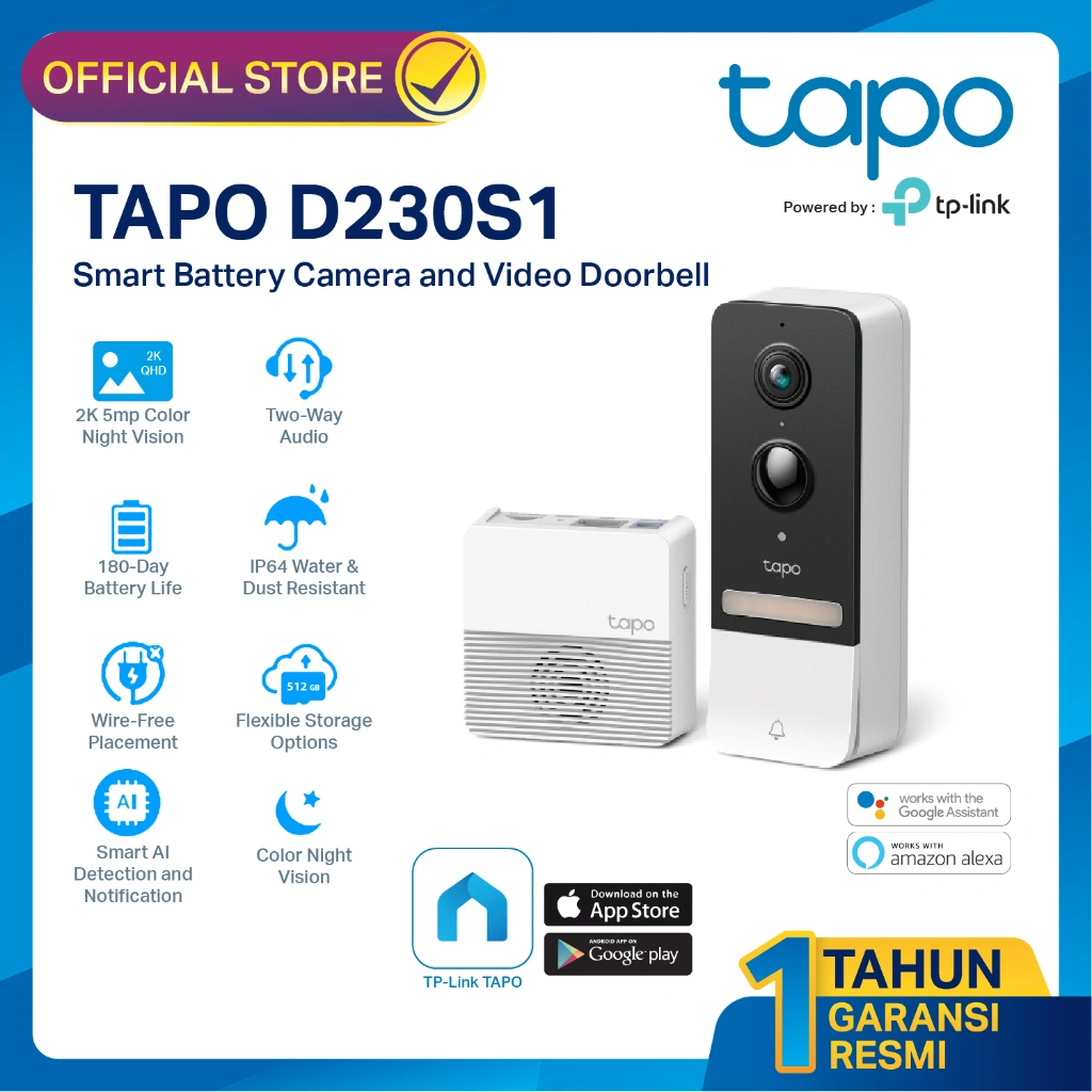 TAPO D230S1 Smart Battery Video Doorbell Color Night Vision Camera with Hub 5MP 2K Wire-Free Smart AI Detection and Notification Head to Toe View IP64 Water and Dust Resistant