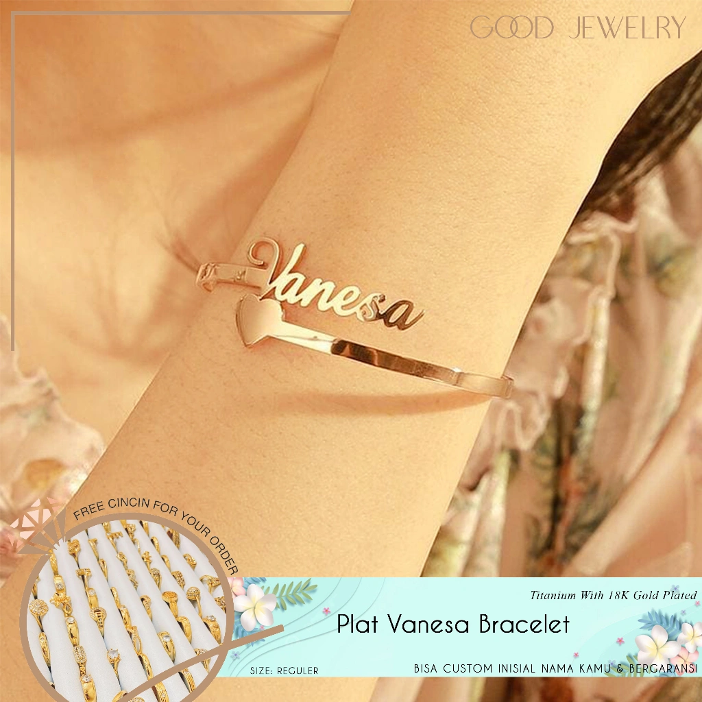 Good Jewelry – Gelang Nama Titanium Anti Karat 18K Gold Plated Aksesoris Kustom Nama / Vanessa
