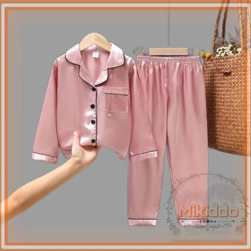 stelan baju tidur piyama dusty pink anak lengan panjang pp satin silky polos