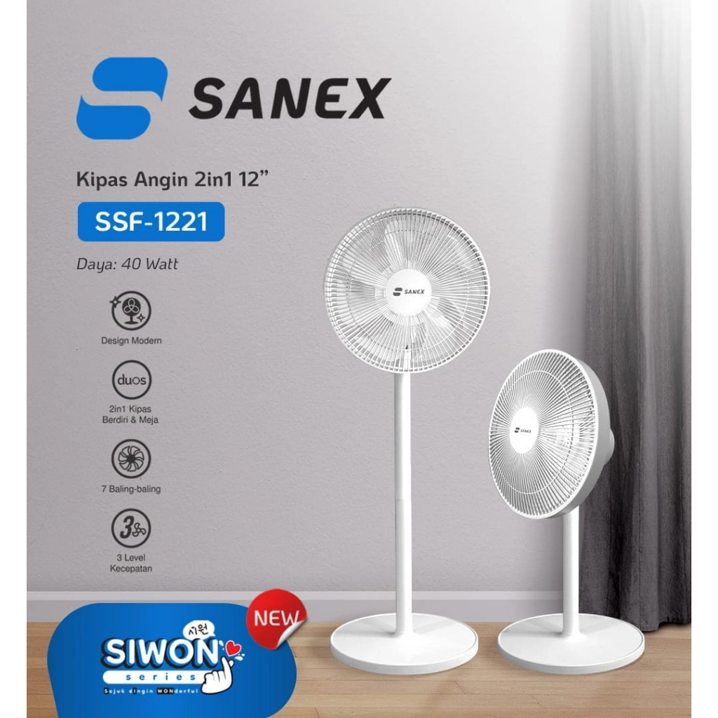 SANEX Stand & Desk Fan Kipas Angin Meja & Berdiri 2 IN 1 12 Inch 7 Baling SSF-1221 N Design Modern & Minimalis Baling Bening Transparan + Remote