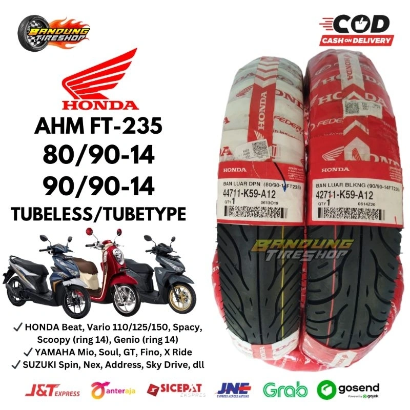 PAKET (80/90-14) (90/90-14) SEPASANG BAN LUAR HONDA FEDERAL FT235 TUBELESS TUBETYPE ORIGINAL TUBLESDEPAN BELAKANG ASLI GENUINE PARTS AHM BEAT VARIO GENIO SCOOPY MIO SOUL GT FINO 110 125 150 GT FI STREET KARBU OLD DELUXE NEW KVB K59 A12 K0J TL 42711 44711