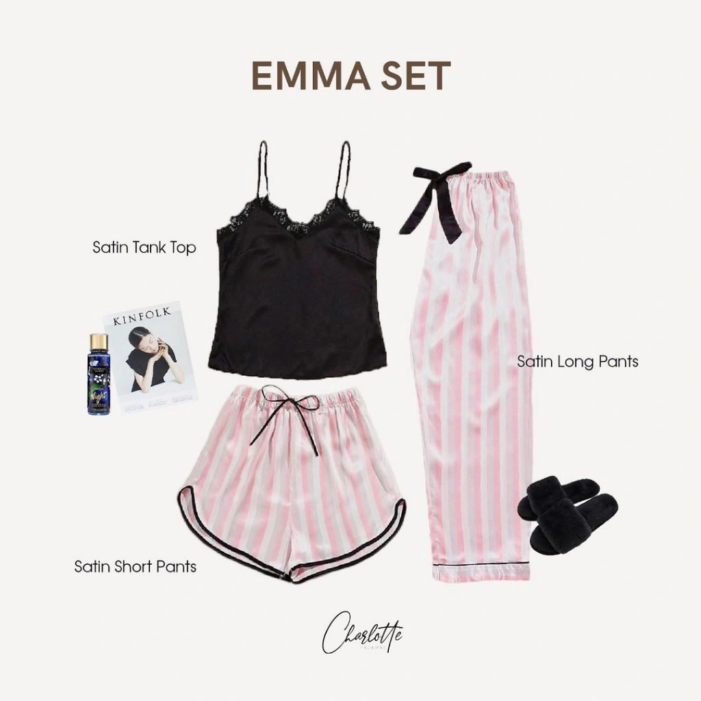 CHARLOTTE - Emma set Piyama Baju tidur Tanktop Lingerie Celana Panjang Pendek Satin Silk Salur Seserahan Premium Emma set 3in1