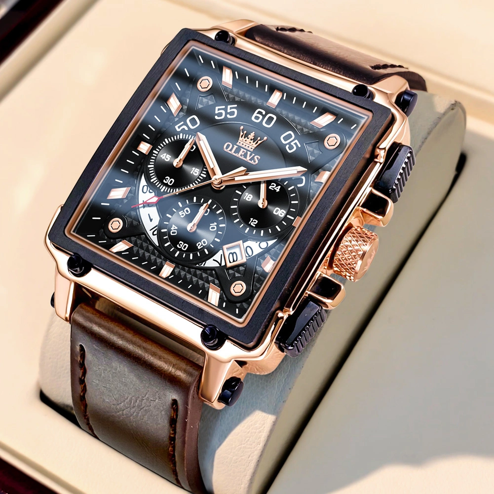 OLEVS Jam Tangan Pria Kulit Anti Air Original Asli Terbaru Casual Tahan Air Square Chronograph Leather Dengan Kotak Tanggal Hitam 9919