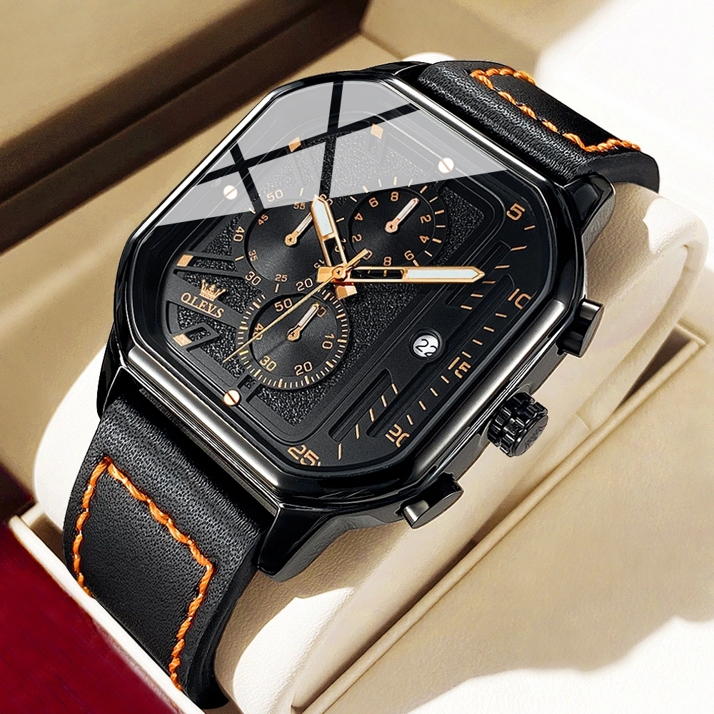 OLEVS Jam Tangan Pria Original Anti Air Kulit Tahan Keren Led Hitam Coklat Luxury Chronograph Watch Men Multifungsi