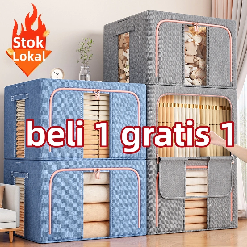 66L/110L storage box linen katun lebih tebal kotak penyimpanan besar tempat penyimpanan baju frame baja double zipper large box