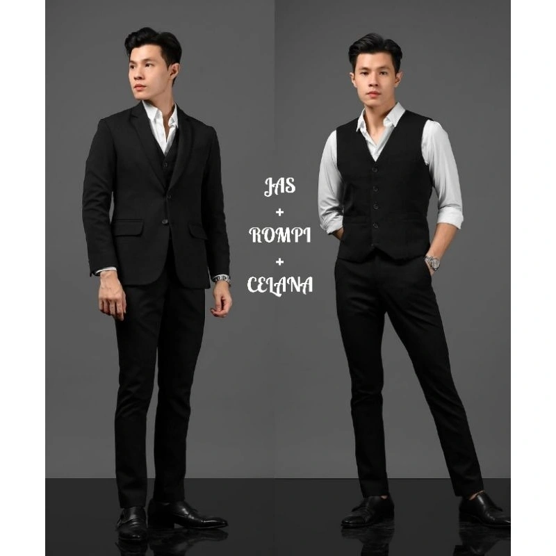Dvandra.id Setelan Jas  3 in1 Jas Rompi Dan Celana  slimfit Set jas hitam Jas Formal