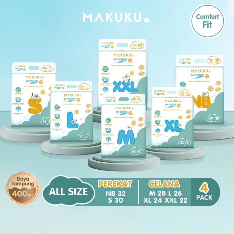 [4 PACK] MAKUKU SAP Diapers Comfort Fit Pants/Tape NB/S/M/L/Xl/XXL Popok Bayi Tipis Extra Dry Anti Gumpal Mengunci Cairan Cepat Kering Type Celana/Perekat