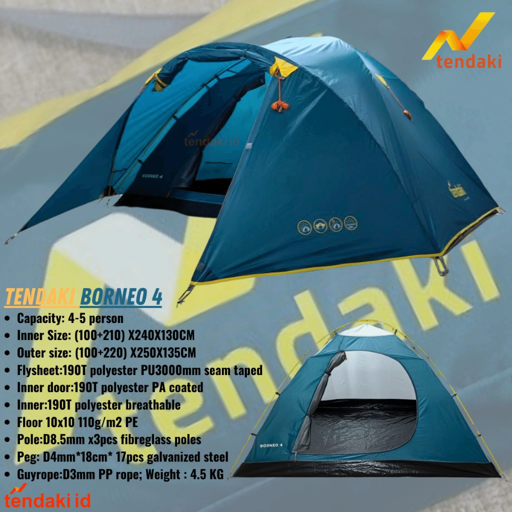 Tenda Tendaki Borneo 4 | Moluccas 4 | Tenda Compass 4P Kapasitas 4 orang Tenda Tendaki Borneo 4 Double Layer Java 4 Pro  4 Tenda Elite LWY Alloy 4P
