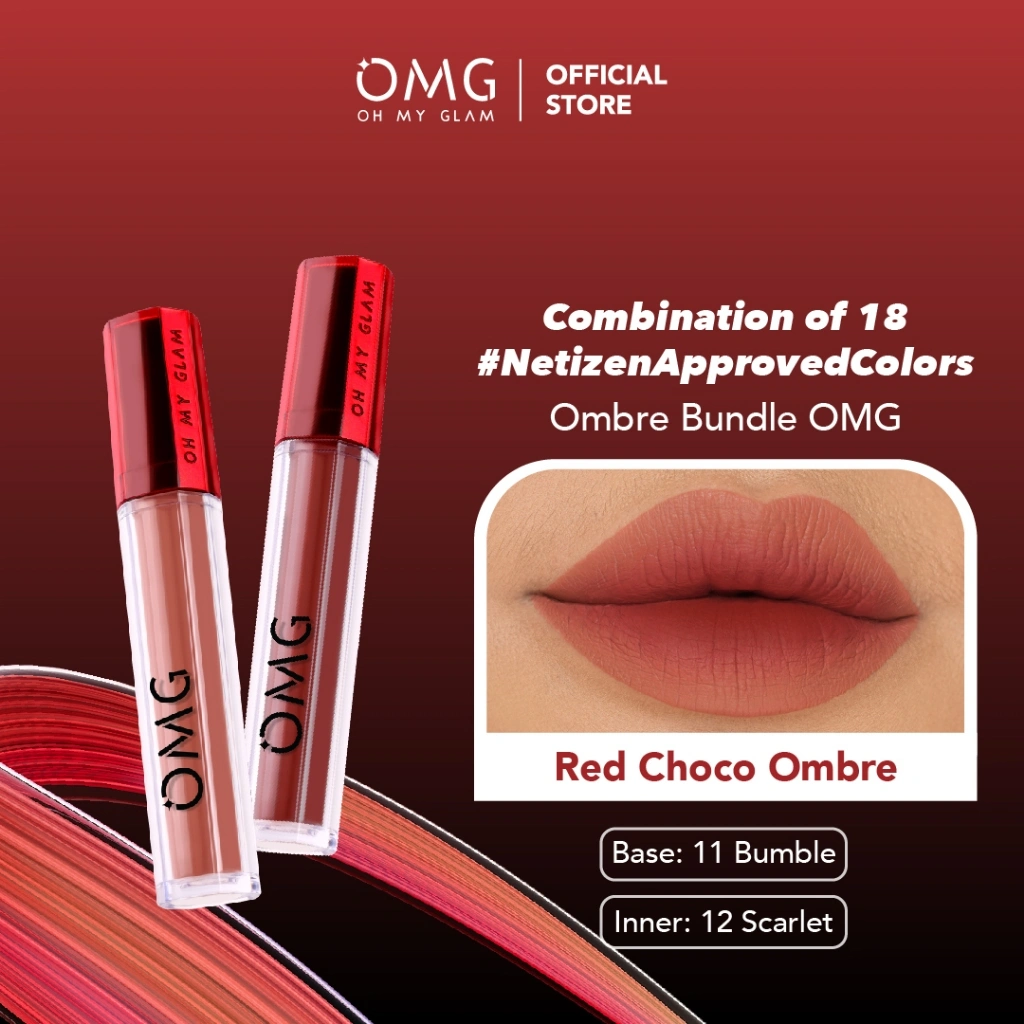 OMG OH MY GLAM Mattelast Lip Cream Red Choco Bliss Ombre - 11 Bumble & 12 Scarlet (Lip Cream Matte Dengan Warna Intense, Tahan Lama & Ringan)