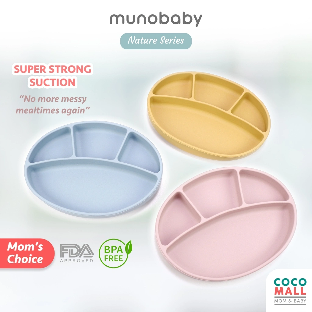 COCOMALL Piring Silikon Bayi Anti Slip (Nature Series)- Silicone Suction Plate Baby with Lid - Piring Bayi Silikon Anti Tumpah - Piring Makan Anak Sekat Tutup - Silicon Plate Baby - Piring Mpasi Anti Tumpah - Piring Makan Anak BPA Free