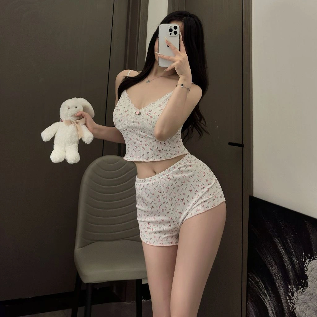 Baju Tidur Piyama Wanita BS-2385 Setelan Set Tank Top Celana Pendek V Neck Bunga Sling Manis Sexy French Mimon Home