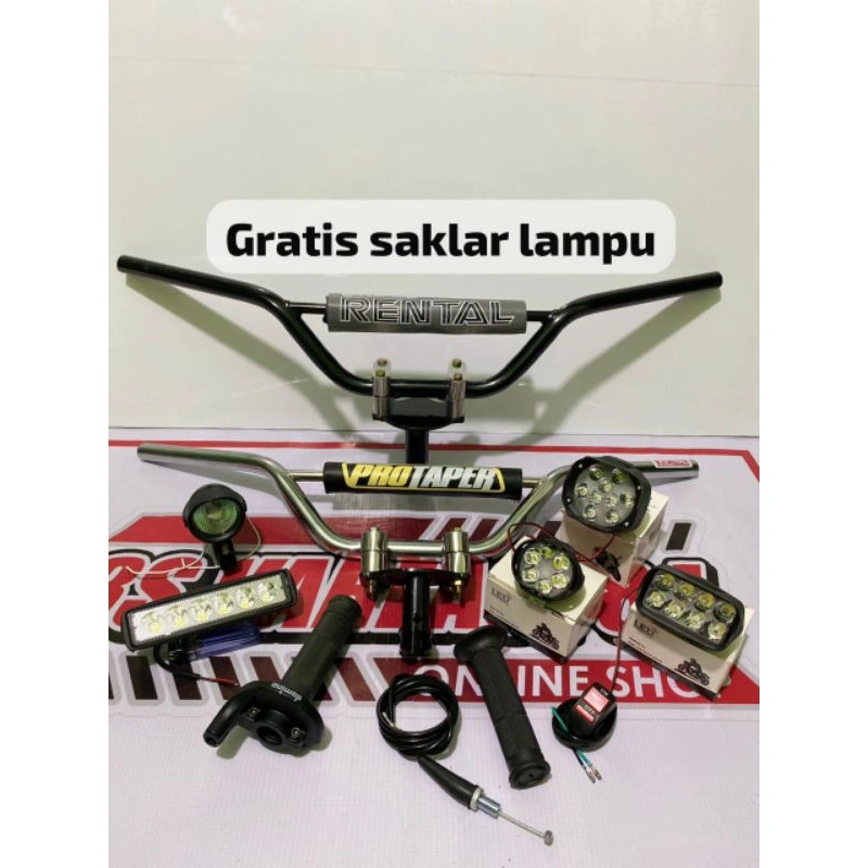 STANG TRAIL paketan stang trail+adaptor stang+gas spontan polos besi import+lampu tembak LED=√GRATIS SAKLAR LAMPU...