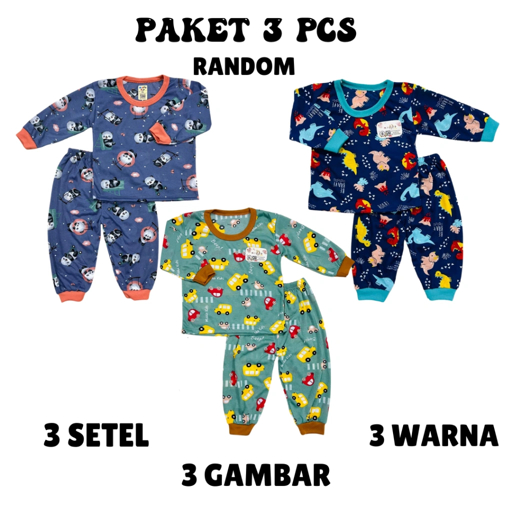 PAKET 3 PCS Piyama FullPrint Anak Laki-Laki 0-2 Tahun / Baju Tidur Lengan Panjang Baju Baby Gracia
